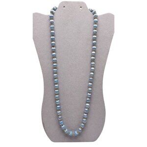 Vintage Blue Satin Bead Necklace With Gold Tone Spacers No Clasp